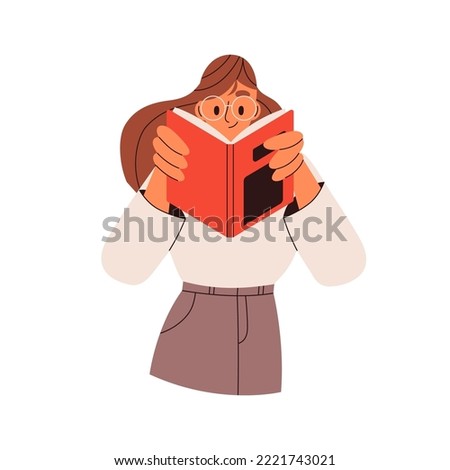 Woman with open paper book. Happy girl reader in glasses reading fascinating literature, novel. Bookworm and interesting fiction story in hands. Flat vector illustration isolated on white background