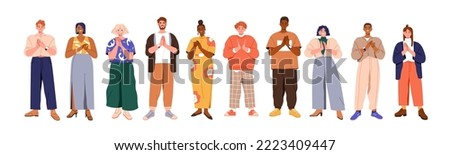 People clapping with hands, applauding set. Happy men, women greeting, congratulating with appreciation, support gesture, applause. Flat graphic vector illustrations isolated on white background.
