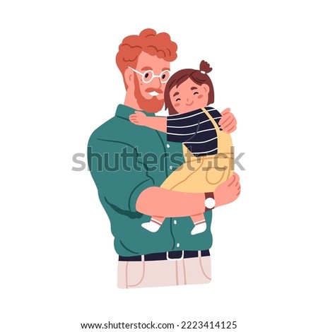 Happy father hugging, holding in hands little daughter. Girl child embracing dad. Cute smiling nice kid and joyful daddy parent portrait. Flat vector illustration isolated on white background.
