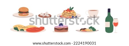 Meal, dishes served on plates. Eating and drinks set. Cooked food for dinner, lunch. Tea cup, cake, wine bottle, meat steak, burger and crepes. Flat vector illustrations isolated on white background