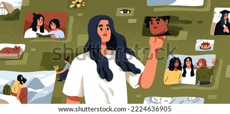 Positive memories, psychology concept. Person remembering important and sweet moments, past experience, pleasant events, good people, friends. Woman dreaming about happy life. Flat vector illustration