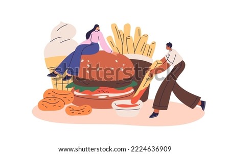 Fast food concept. Tiny people eating fastfood, huge burger, french fries with sauce, fat desserts, ice-cream, donuts. Tasty unhealthy junkfood. Flat vector illustration isolated on white background