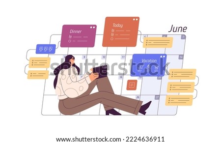 Schedule in calendar planner. Woman setting daily personal and business tasks, reminders. Tiny character and timetable, time organizer. Flat graphic vector illustration isolated on white background