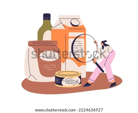 Consumer reading food composition, studying information on product labels. Choosing healthy grocery goods. Smart shopping concept. Flat graphic vector illustration isolated on white background