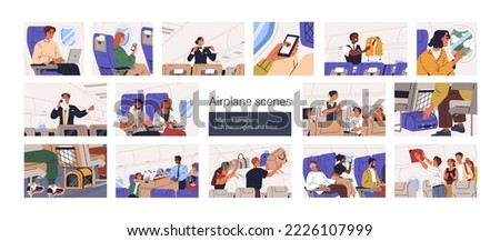 Passengers travel by air. People, crew in airplane set. Tourists with bags, phone and stewardesses work, services during flight, journey in aircraft. Plane salon scenes. Flat vector illustrations