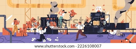 Manufacturing industry problem. Accident, emergency, labor insecurity at production workshop, factory. Danger, broken damaged industrial machines burning, workers in panic. Flat vector illustration