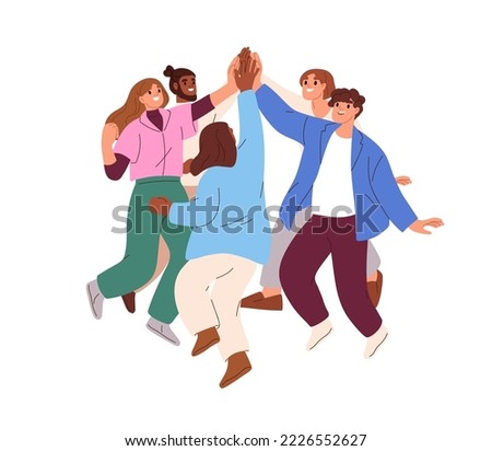 Happy team celebrating business success. Colleagues, partners group in circle, giving high five for achievement. Teamwork, unity concept. Flat graphic vector illustration isolated on white background