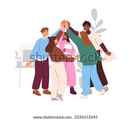 Business team celebrating work success in office together. Happy colleagues employees giving high five for corporate goal achievement. Flat graphic vector illustration isolated on white background