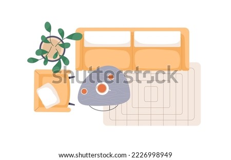 Overhead living room interior design. Sofa, armchair, cushions, coffee table, carpet in home lounge. Furniture and house plant, above top view. Flat vector illustration isolated on white background