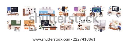 Classrooms interiors set. Empty classes, study rooms for different school subjects with supplies for art, biology, geography, astronomy lessons. Flat vector illustrations isolated on white background