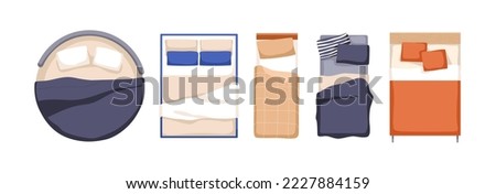 Single and double beds with pillows, blankets, top view. Overhead bedroom furniture of different design. Mattress and duvets from above. Flat vector illustrations isolated on white background