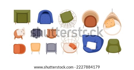 Armchairs, chairs designs set, top above view. Overhead living room, lounge furniture with cushions, modern trendy seats of different shape. Flat vector illustrations isolated on white background