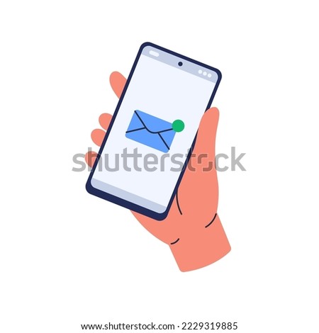 Inbox mail in cell phone app. Smartphone in hand with new message, unread letter. Incoming email, receiving sms on mobile telephone screen. Flat vector illustration isolated on white background
