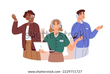 Work calls, business communication concept. Assistants, remote consultants, operators at helpdesk, customer support center, speaking with clients. Flat vector illustration isolated on white background