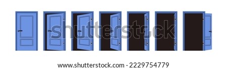 Door opening and closing set, stages sequence for animation. Doorway, entrance with doorknob locked, unlocked, ajar. Entry, exit in doorframe. Flat vector illustration isolated on white background