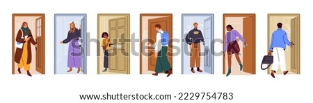 People opening doors, entering, exiting home set. Men, women at doorways, entrances. Characters going through house and office entries. Flat graphic vector illustration isolated on white background