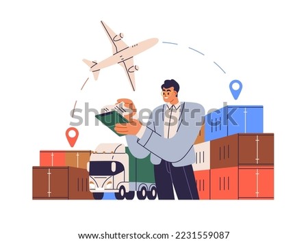 International cargo delivery concept. Logistics, supply chain manager organize multimodal transportation of goods, export and import by transport. Flat vector illustration isolated on white background