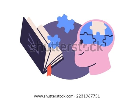 Student and psychology book. Psychological education, knowledge concept. Reader pupil reading, studying philosophy. Brain puzzle, memory. Flat vector illustration isolated on white background