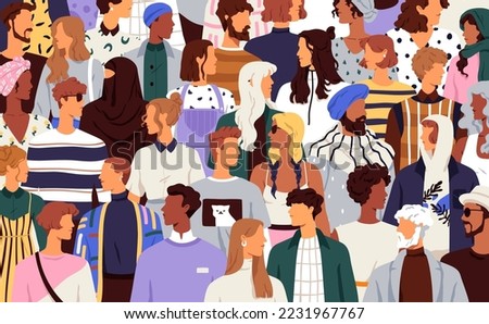 Diverse people in crowd. International multiracial society. Lot of different casual citizens together. Social diversity concept. Modern multi-ethnic public, men and women. Flat vector illustration