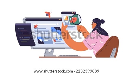 Software tester at computer, finding program bugs, analyzing code mistakes with magnifier. QA, testing automation, report, debugging concept. Flat vector illustration isolated on white background