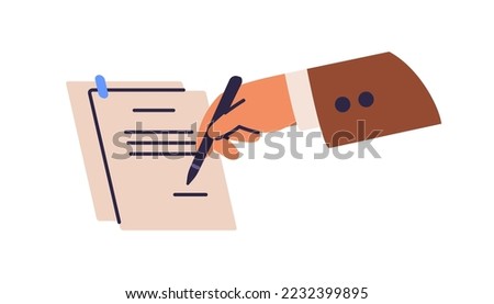 Hand signing business document. Signature on paper contract, legal agreement. Commercial deal conclusion, paperwork, verification concept. Flat vector illustration isolated on white background