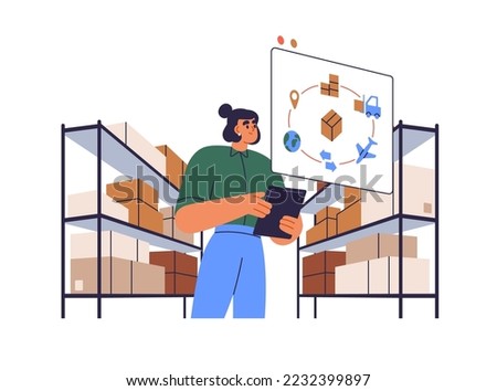 Warehouse manager organizing delivery of goods in boxes. Storehouse worker with tablet PC and packages on shelf. Digital smart logistics concept. Flat vector illustration isolated on white background