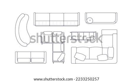 Sofas and couches set, top above view. Lounge furniture designs for living room overhead. Different seats for floor plan. Contoured outlined flat vector illustration isolated on white background