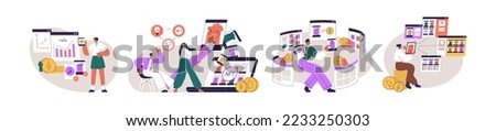 NFT, digital art market concept. Virtual business, trade with non-fungible tokens, blockchains. Artists and electronic cryptographic artworks. Flat vector illustrations isolated on white background