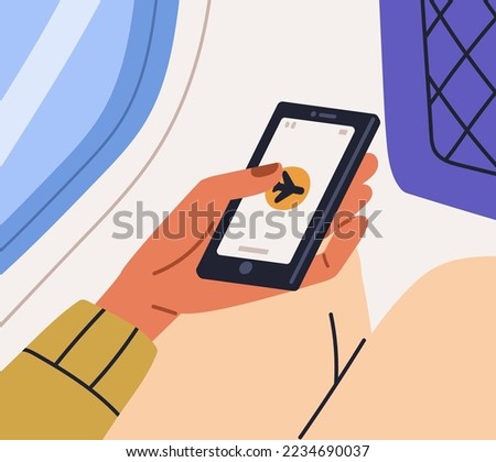 Turning on and off airplane flight mode of mobile phone for safety in air plane. Passengers hand using smartphone onboard, in aircraft during taking off and landing. Flat vector illustration
