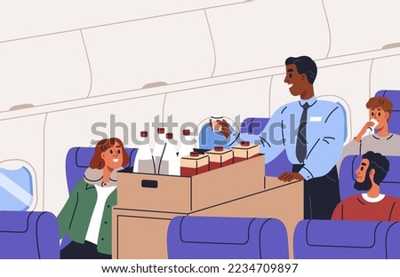 Steward with trolley in plane aisle, offering drinks for passengers. Flight attendant with cart in airplane, aircraft during inflight service. People on seats ordering food. Flat vector illustration