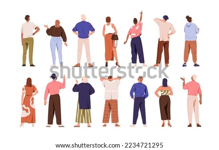 People from behind set. Men, women turned back, rear view. Characters standing backside. Persons gesturing, pointing with finger, looking up. Flat vector illustrations isolated on white background Stockfoto © 