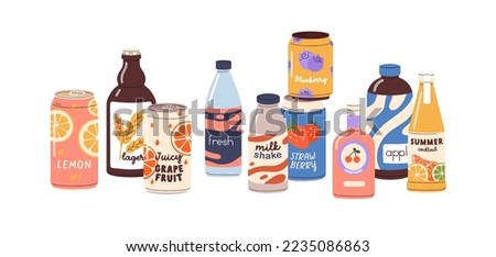 Soda drinks, summer lemonades, sweet juices, cold refreshments in glass bottles, aluminum cans, tins. Flavored carbonated beverages composition. Flat vector illustration isolated on white background