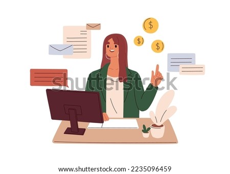 Accountant employee at work. Financial manager at computer desk. Businesswoman, office worker with finance and accounting documents, mail. Flat vector illustration isolated on white background.