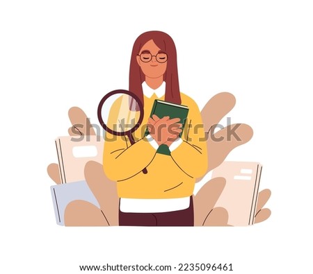 Happy girl student with book. University knowledge, education, science research concept. Bookworm studying, learning. Smart woman scientist. Flat vector illustration isolated on white background.