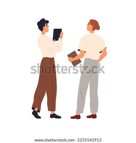 Employees during work communication. Office workers, managers speaking. Happy business partners meeting, standing with documents, talking. Flat vector illustration isolated on white background.