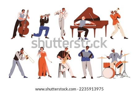 Musicians of jazz band playing music instruments, singing. Artists, singers, players performing on saxophone, trumpet, drum, piano, contrabass. Flat vector illustrations isolated on white background