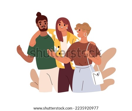 Happy friends, man and women walking, talking, hugging. People going and speaking together. Smiling male and female characters chatting. Flat vector illustration isolated on white background