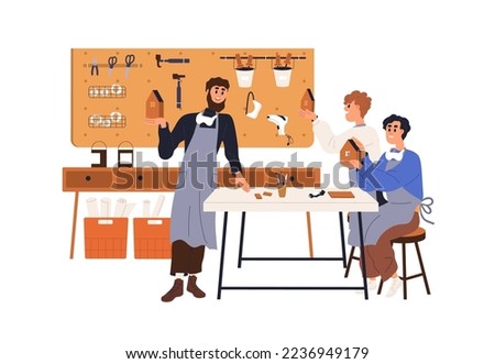 Craft teacher and children students learning carpentry at school. Pupils with DIY wood works at lesson in classroom. Apprentices of artisan. Flat vector illustration isolated on white background