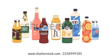 Cold drinks in bottles. Lemonades, sweet juices, summer refreshments, iced soda, fruit milk, flavoured fizzy beverages assortment, composition. Flat vector illustration isolated on white background