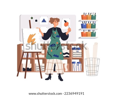 Teacher in art class at school. Artist teaching to draw at creative workshop. Woman explaining painting, standing by canvas on easel in classroom. Flat vector illustration isolated on white background