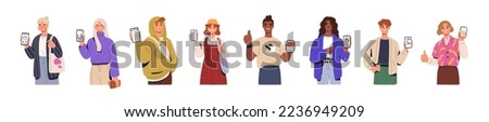 Happy people showing mobile phone screens set. Men, women holding smartphone, cellphone displays with apps, online messages, video, photo. Flat vector illustrations isolated on white background