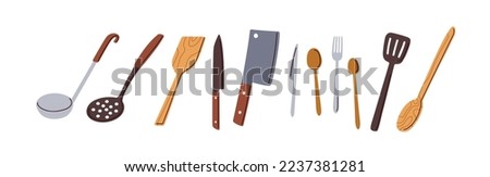 Kitchen utensils set. Kitchenware, cooking tools. Wood spatula, soup ladle with handle, cutlery, metal chopper, frying spoon, cook appliances. Flat vector illustrations isolated on white background