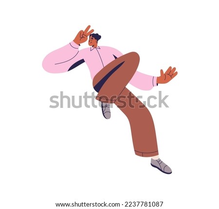 Happy excited young man with joy emotion, victory sign, peace gesture. Smiling positive office worker in motion, action, funny dynamic movement. Flat vector illustration isolated on white background