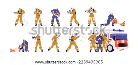 Firefighters with firefighting equipment at work. Fire fighters with ladder, hose, truck, hydrant. Firemen in uniform in emergency set. Flat graphic vector illustrations isolated on white background