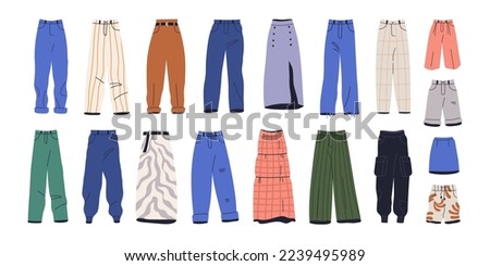 Trousers, pants, jeans, shorts and skirts set. Female fashion clothes in modern style. Different designs of bottom apparel, women garments. Flat vector illustrations isolated on white background