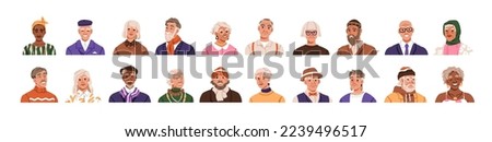 Senior old people avatars set. Happy men and women of older age, face head portraits. Diverse elderly grandmothers, grandfather profile pictures. Flat vector illustrations isolated on white background