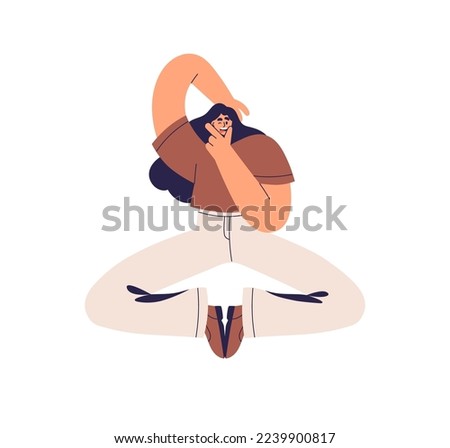 Girl grimacing in funny pose, position. Happy young woman with positive emotion, fun amusing expression, tongue and fingers near mouth. Flat graphic vector illustration isolated on white background