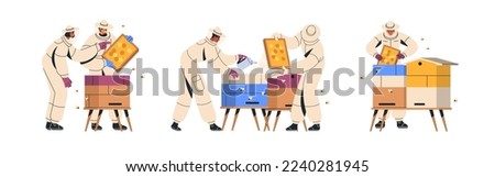 Beekeepers work with honey bees, beehives, honeycomb frames set. Apiarists at honeybee hives. Apiary, apiculture and beekeeping workers in suits. Flat vector illustrations isolated on white background