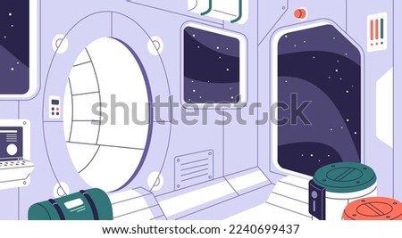 Spaceship interior. Inside space ship, station. Empty spacecraft, cosmos shuttle during flight in galaxy, universe. Interstellar, starship indoors with round door and window. Flat vector illustration