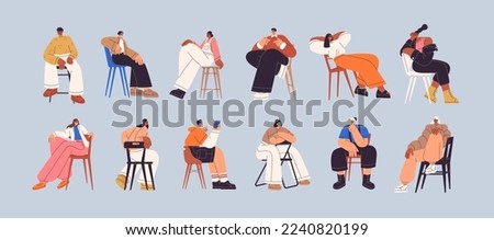 Young people sitting on chairs set. Men, women posing on seats in diverse positions, postures in modern style. Happy relaxed characters models leaning on stools. Isolated flat vector illustration.